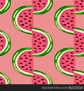 Hand drawn watermelon slices seamless pattern. Cute watermelons endless wallpaper. Funny fruit backdrop. Food design for fabric, textile print, wrapping, cover. Vector illustration. Hand drawn watermelon slices seamless pattern. Cute watermelons endless wallpaper. Funny fruit backdrop.