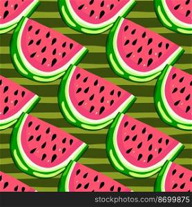 Hand drawn watermelon slices seamless pattern. Cute watermelons endless wallpaper. Funny fruit backdrop. Food design for fabric, textile print, wrapping, cover. Vector illustration. Hand drawn watermelon slices seamless pattern. Cute watermelons endless wallpaper. Funny fruit backdrop.
