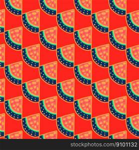 Hand drawn watermelon slices seamless pattern. Funny fruit backdrop. Food design for fabric, textile print, wrapping, cover. Vector illustration. Hand drawn watermelon slices seamless pattern. Funny fruit backdrop.