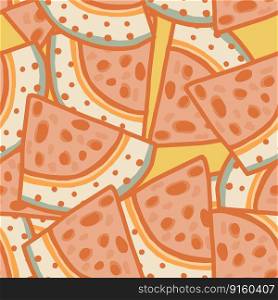 Hand drawn watermelon slices seamless pattern. Funny fruit backdrop. Food design for fabric, textile print, wrapping, cover. Vector illustration. Hand drawn watermelon slices seamless pattern. Funny fruit backdrop.