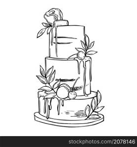 Hand drawn wedding cake on white background. Vector sketch illustration.. Wedding cake. Vector illustration.