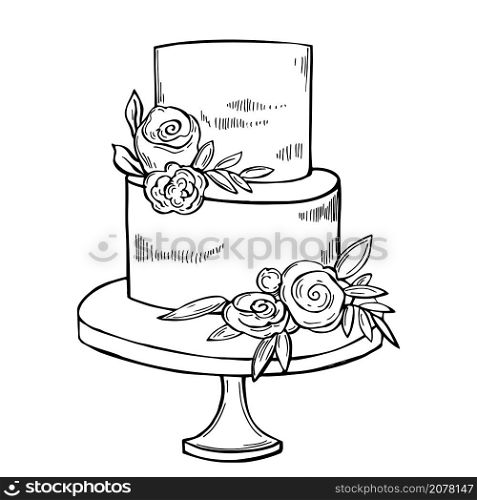 Hand drawn wedding cake with flowers on white background. Vector sketch illustration.. Wedding cake. Vector illustration.