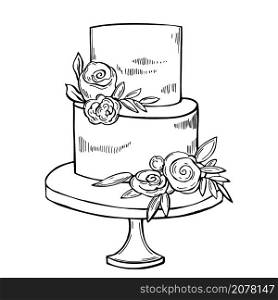 Hand drawn wedding cake with flowers on white background. Vector sketch illustration.. Wedding cake. Vector illustration.