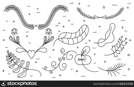 Hand drawn wedding ornament collection in black line style. Flower hand drawn element set and doodle floral frame invitation. Elegant wedding swirl leaf vector illustration