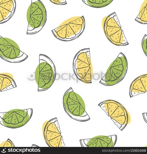 Hand drawn wedges of lemon and lime on white background. Vector seamless pattern. . Wedges of lemon and lime. Vector pattern.