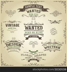 Hand Drawn Western Banners And Ribbons. Illustration of a set of hand drawn western like sketched banners, floral patterns, ribbons, and far west design elements on vintage striped background