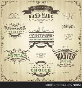 Hand Drawn Western Banners And Ribbons. Illustration of a set of hand drawn western like sketched banners, floral patterns, ribbons, and far west design elements on vintage kraft paper background