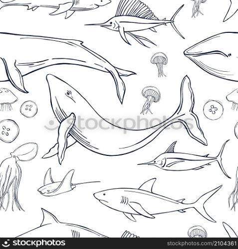 Hand drawn whales and fish. Vector seamless pattern.