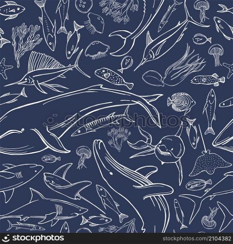 Hand drawn whales and fish. Vector seamless pattern.. Hand drawn whales and fish. Vector pattern.