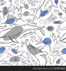 Hand drawn whales and fish. Vector seamless pattern.. Hand drawn whales and fish. Vector pattern.