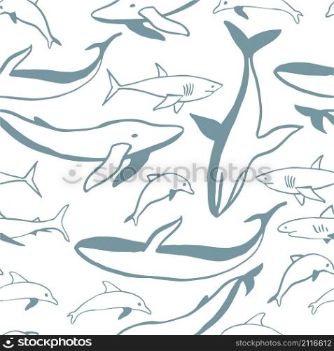 Hand drawn whales, dolphins and sharks. Vector seamless pattern