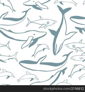 Hand drawn whales, dolphins and sharks. Vector seamless pattern
