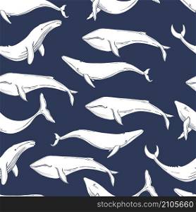 Hand drawn whales. Vector seamless pattern . Vector pattern with whales