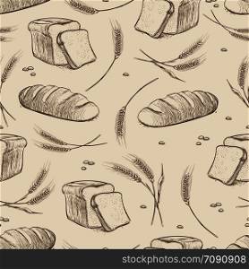 Hand drawn wheat and bread seamless pattern. Vector bakery texture design illustration. Hand drawn wheat and bread seamless pattern