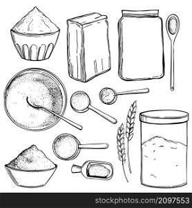 Hand-drawn wheat flour set. Vector sketch illustration. . Wheat flour set. Sketch illustration.