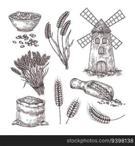 Hand drawn wheat. Sketch bag of grains, windmill, ear spikes and seed. Cereals vintage style vector illustration set. Natural organic products producing, making flour, isolated elements. Hand drawn wheat. Sketch bag of grains, windmill, ear spikes and seed. Cereals vintage style vector illustration set