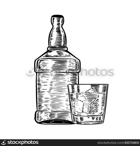 Hand drawn whiskey bottle with drinking glass. Design element for poster, menu. Vector illustration