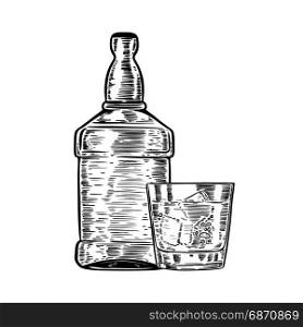 Hand drawn whiskey bottle with drinking glass. Design element for poster, menu. Vector illustration