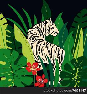 hand drawn white tiger with exotic tropical leaves, flat vector illustration