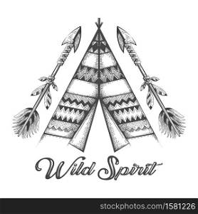Hand Drawn Wigwam and arrow tribal tattoo. Wigwam ornamental design. Vector illustration. Hand Drawn Wigwam and Indian Arrows with lettering Wild Spirit Tattoo