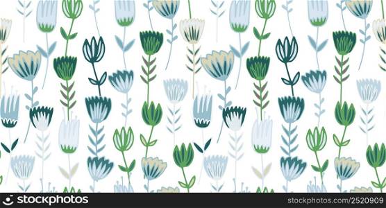 Hand drawn wild flower seamless pattern. Doodle flowers in folk style. Blooming texture. Simple botanical endless background. Design for fabric, textile print, wrapping, cover. Vector illustration. Hand drawn wild flower seamless pattern. Doodle flowers in folk style. Blooming texture. Simple botanical endless background.