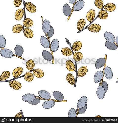 Hand drawn willow spring branches on white background. Vector seamless pattern. . Willow spring branches . Vector pattern.