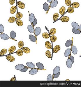 Hand drawn willow spring branches on white background. Vector seamless pattern. . Willow spring branches . Vector pattern.
