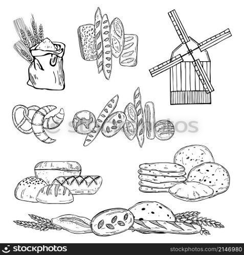 Hand drawn windmill and bread. Vector sketch illustration.. Windmill and bread. Vector illustration.