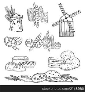 Hand drawn windmill and bread. Vector sketch illustration.. Windmill and bread. Vector illustration.