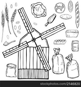Hand drawn windmill and wheat flour. Vector sketch illustration.. Hand drawn windmills. Vector sketch illustration.