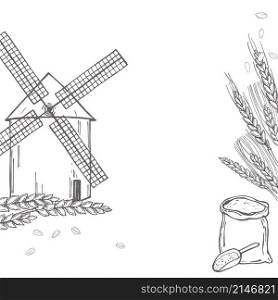 Hand drawn windmill and wheat flour. Vector sketch illustration.. Hand drawn windmills. Vector sketch illustration.