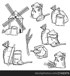 Hand drawn windmill and wheat flour. Vector sketch illustration.. Windmill and wheat flour. Vector illustration.