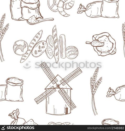 Hand drawn windmill, wheat flour and bread. Vector seamless pattern . Windmill, wheat flour and bread. Vector pattern