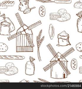 Hand drawn windmill, wheat flour and bread. Vector seamless pattern . Windmill, wheat flour and bread. Vector pattern