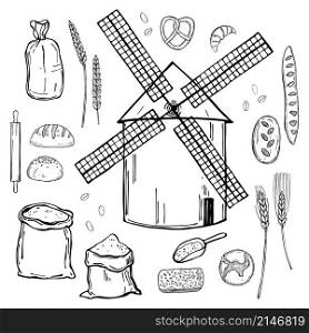 Hand drawn windmills and wheat flour. Vector sketch illustration.. Hand drawn windmills. Vector sketch illustration.