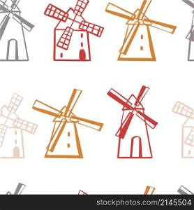 Hand drawn windmills. Vector seamless pattern