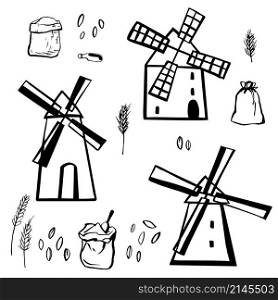 Hand drawn windmills. Vector sketch illustration.
