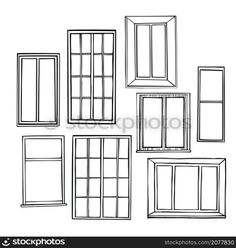 Hand drawn windows on white background. Vector sketch illustration.. Hand drawn windows. Vector sketch illustration.