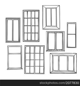 Hand drawn windows on white background. Vector sketch illustration.. Hand drawn windows. Vector sketch illustration.