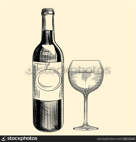 Hand drawn wine bottle and glass. Engraving style. Isolated objects. Vector illustration. Hand drawn wine bottle and glass. Engraving style. Isolated objects.