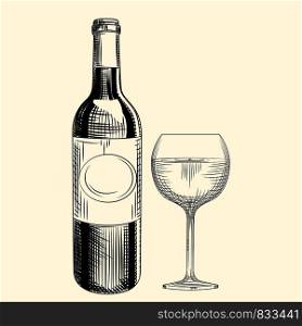 Hand drawn wine bottle and glass. Engraving style. Isolated objects. Vector illustration. Hand drawn wine bottle and glass. Engraving style. Isolated objects.