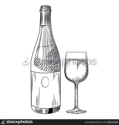 Hand drawn wine bottle and glass. Isolated objects on white background. Engraving style. Vector illustration. Hand drawn wine bottle and glass. Isolated objects