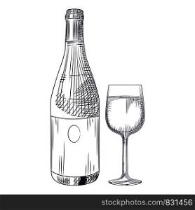 Hand drawn wine bottle and glass. Isolated objects on white background. Engraving style. Vector illustration. Hand drawn wine bottle and glass. Isolated objects