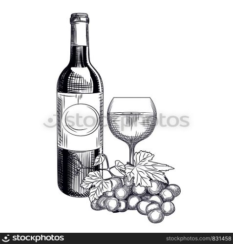 Hand drawn wine bottle, glass and grapes. Engraving style. Isolated objects. Vector illustration. Hand drawn wine bottle, glass and grapes. Engraving style.