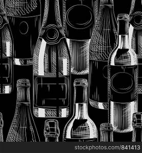 Hand drawn wine bottles seamless pattern on black background. Different wine backdrop. Engraving style. Vector illustration. Hand drawn wine bottles seamless pattern on black background.