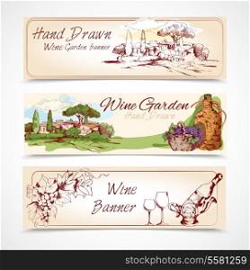 Hand drawn wine garden banner set with grape house bottle elements isolated vector illustration