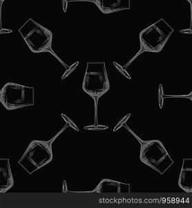 Hand drawn wine glassware seamless pattern. Empty wine glass backdrop. Engraving style. Alcoholic beverage glasses design. Design for textile print, wrapping paper. Vector illustration. Hand drawn wine glassware seamless pattern. Empty wine glass backdrop.