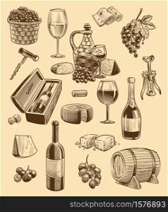 Hand drawn wine set. Engraving images of bottle and wineglasses, bunch of grapes with leaves and sliced cheese, corkscrew and wooden barrel, vector sketch style collection for restaurant or cafe menu. Hand drawn wine set. Engraving images of bottle and wineglasses, bunch of grapes and sliced cheese, corkscrew and wooden barrel, vector sketch style collection for restaurant or cafe menu