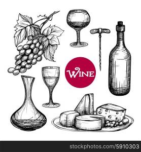 Hand drawn wine set with grape branch drink bottle cheese isolated vector illustration. Hand Drawn Wine Set