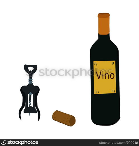 Hand drawn wing corkscrew with bottle of wine illustration on white background. Vector illustration.. Bottle and glass with wing corkscrew